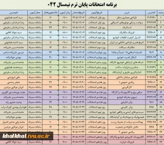 برنامه امتحانات پایان ترم نیمسال 042